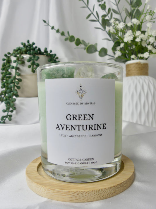 Green Aventurine Crystal Candle (Cottage Garden)